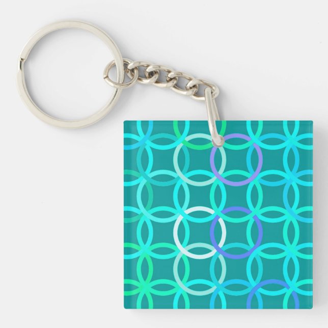 Mid-Century Modern circles, turquoise and aqua Key Ring (Front)