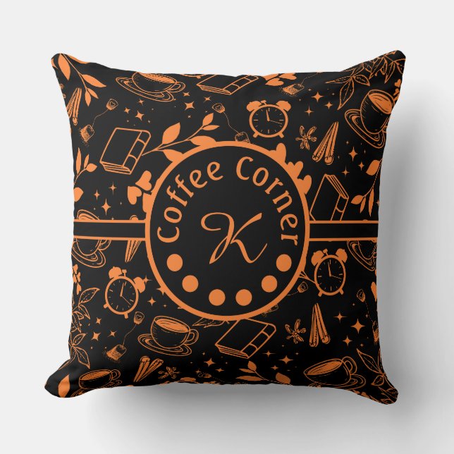mid century modern coffee lover bookworm orange cushion (Front)