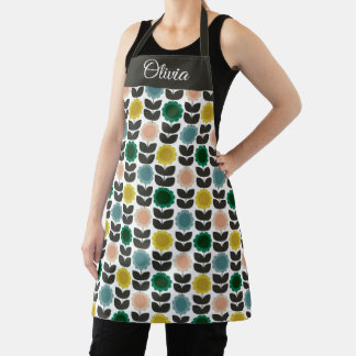  Mid-Century Modern Colored Retro Groovy Flowers  Apron