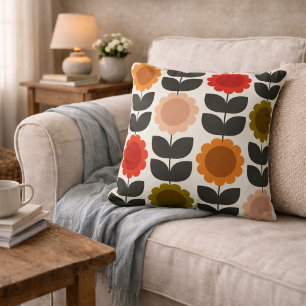  Mid-Century Modern Colored Retro Groovy Flowers  Cushion