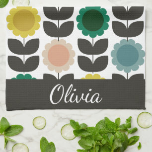  Mid-Century Modern Colored Retro Groovy Flowers  Tea Towel