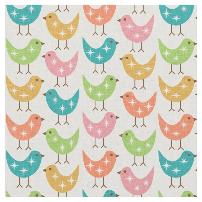 Mid Century Modern Colorful Atomic Birds Pattern Fabric (Close Up)