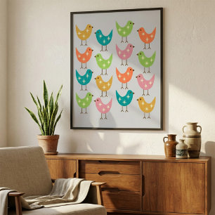 Mid Century Modern Colorful Atomic Birds Pattern  Poster