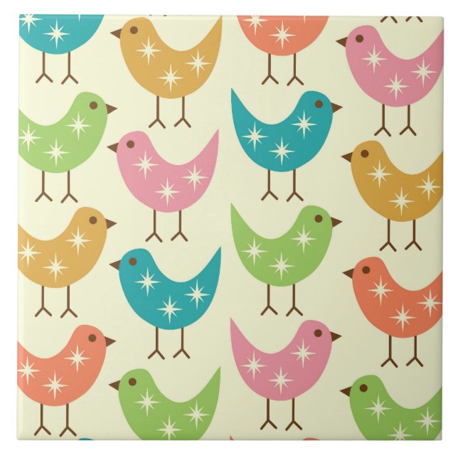 Mid Century Modern Colorful Atomic Birds Pattern  Tile (Front)