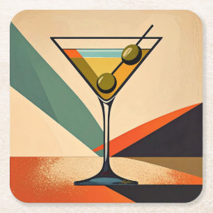 Mid Century Modern Colour Block Martini Art Square Paper Coaster