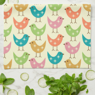 Mid Century Modern Colourful Atomic Birds Pattern  Tea Towel
