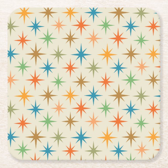 Mid century modern colourful atomic starbursts  square paper coaster (Front)