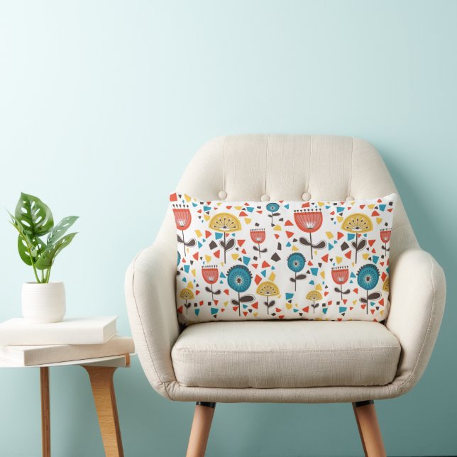 Mid Century Modern Colourful Floral Pattern Lumbar Cushion (Chair)