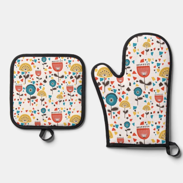 Mid Century Modern Colourful Floral Pattern Oven Mitt & Pot Holder Set (Front)