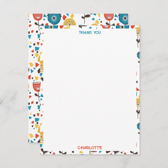 Mid Century Modern Colourful Floral Pattern Thank You Card (Front/Back)