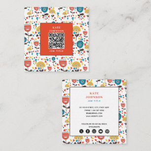 Mid Century Modern Colourful Floral QR Code Square Business Card