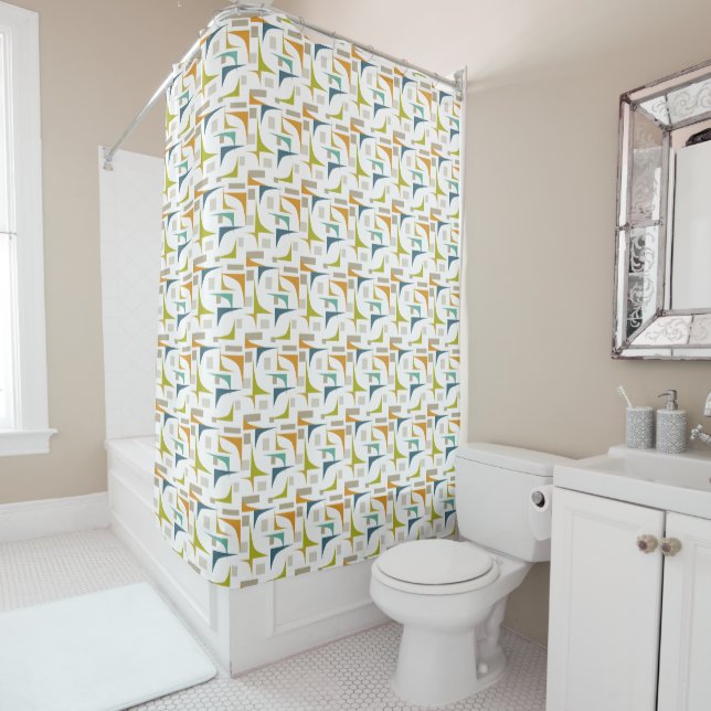 Mid Century Modern Colourful Geometric Corner Retr Shower Curtain (In Situ)