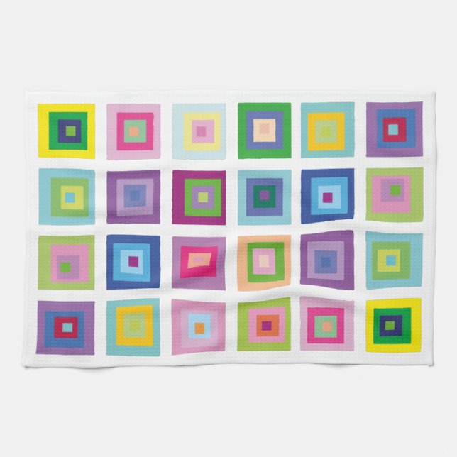 Mid Century Modern Colourful Squares Pattern Tea Towel (Horizontal)