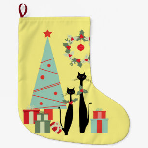 Mid Century Modern Cool Cat Pair & Christmas Tree Large Christmas Stocking