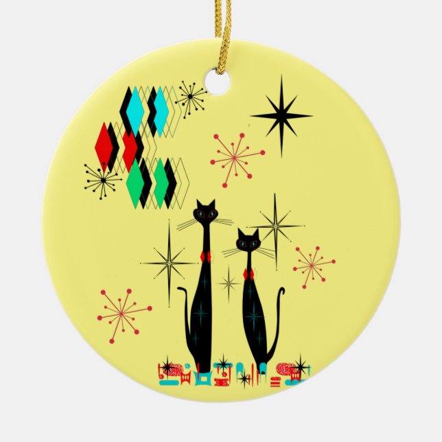 Mid Century Modern Cool Cat & Starburst Atomic Era Ceramic Tree Decoration (Front)