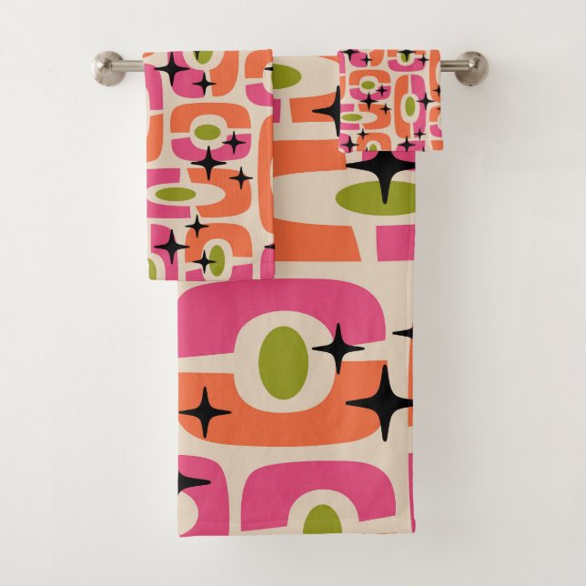 Mid Century Modern Cosmic Starburst Pattern Bath Towel Set (Insitu)