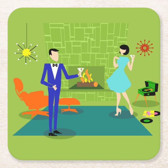Mid Century Modern Couple Paper Coaster (Front)