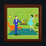 Mid Century Modern Couple Wooden Keepsake Box<br><div class="desc">This Mid Century Modern Couple Wooden Jewellery Keepsake Box looks like a scene out of a romantic comedy. The 1960's style, minimalist art design features an attractive cartoon couple enjoying a romantic evening at home. The sophisticated room prominently features a green stone wall with a roaring fire in the fireplace....</div>