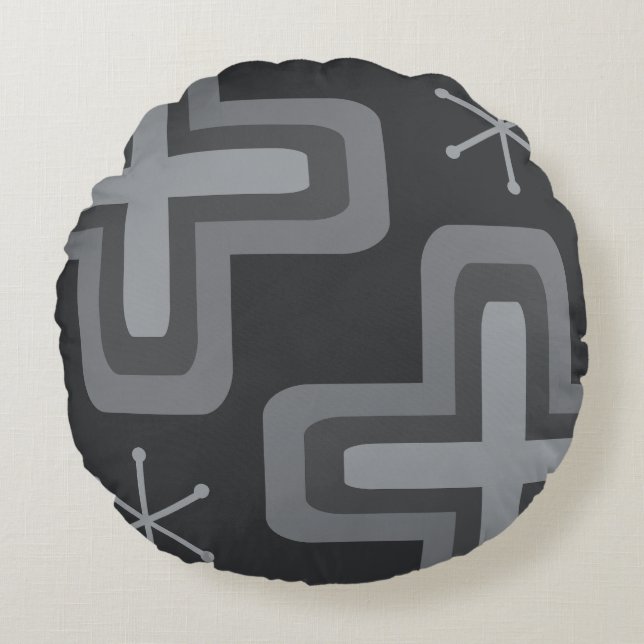 Mid Century Modern Crosses Dark Grey Round Cushion (Front)