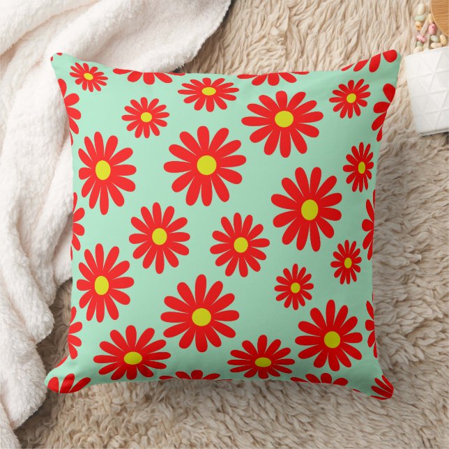 mid century modern daisies floral red cushion (Blanket)