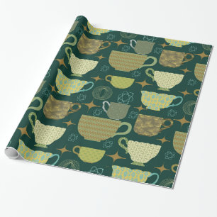 Mid Century Modern Dark Green Teacup  Wrapping Paper