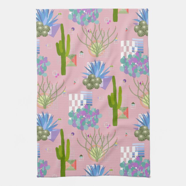 Mid Century Modern Desert Landscape l Any Colour Tea Towel (Vertical)