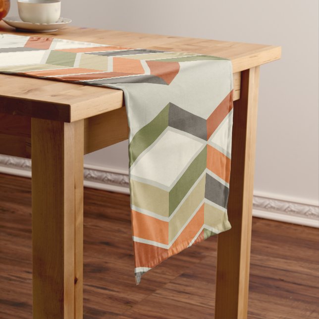 Mid Century Modern Diagonal Stripes Green Orange Short Table Runner (In Situ)