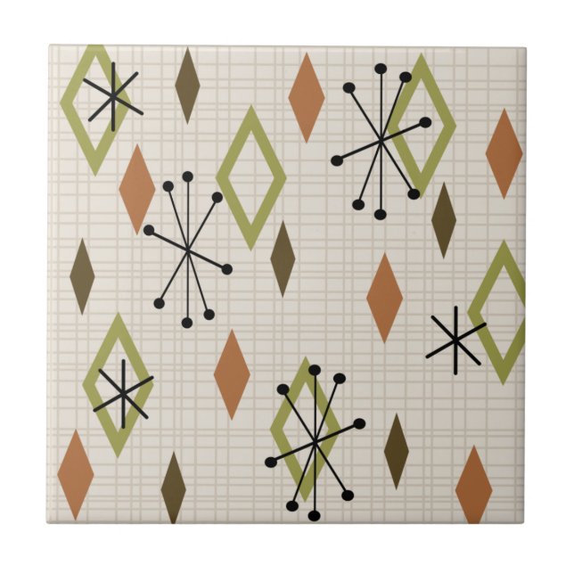 Mid Century Modern Diamonds Nature Earth Tones Tile (Front)