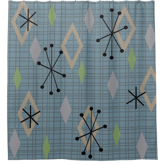 Mid Century Modern Diamonds Slate Grey Blue Shower Curtain (Front)