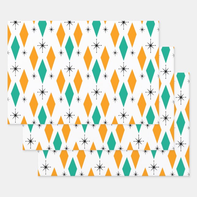 Mid Century Modern Diamonds Starbursts Teal Orange Wrapping Paper Sheet (Set)
