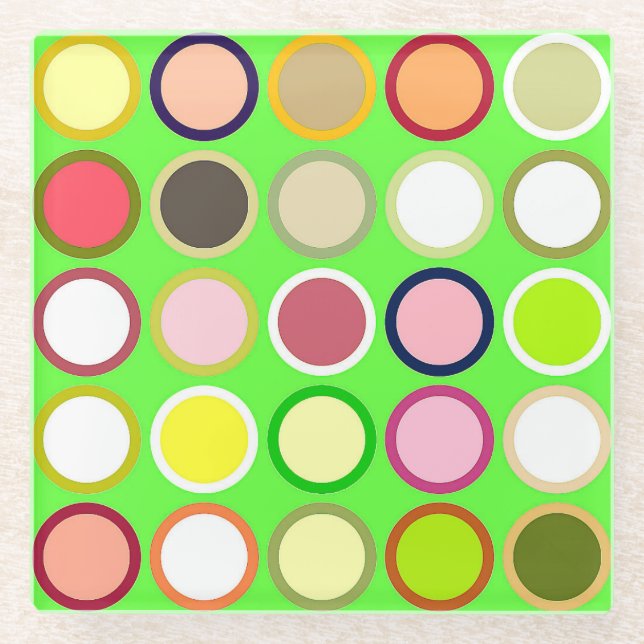 Mid-Century Modern Dots - lime with multi Glass Coaster (Front)