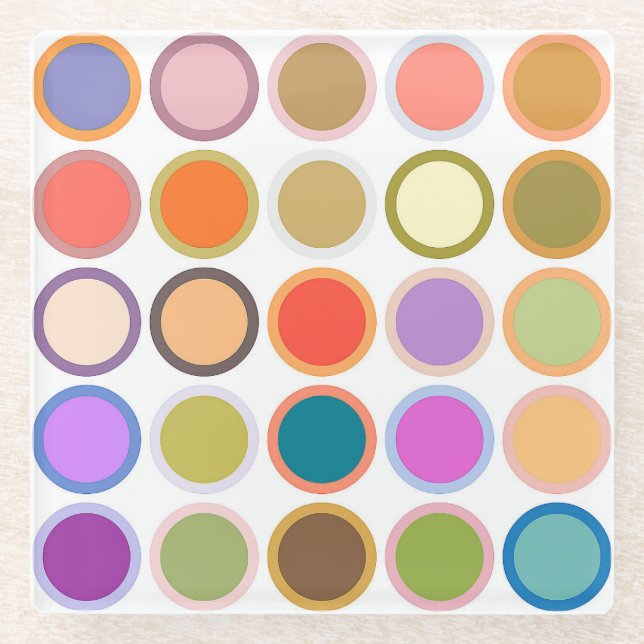 Mid-Century Modern Dots, Multi Colours on White Glass Coaster (Front)