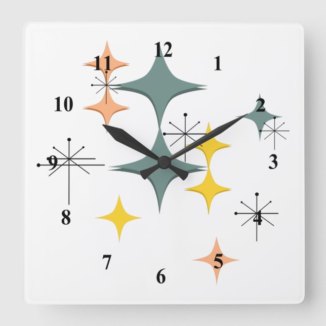 Mid Century Modern Eames Atomic Starbursts Custom Square Wall Clock (Front)