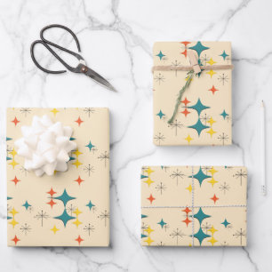 Mid Century Modern Eames Era Atomic Starbursts 4 Wrapping Paper Sheet