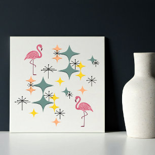 Mid Century Modern Eames Starbursts Pink Flamingos Tile