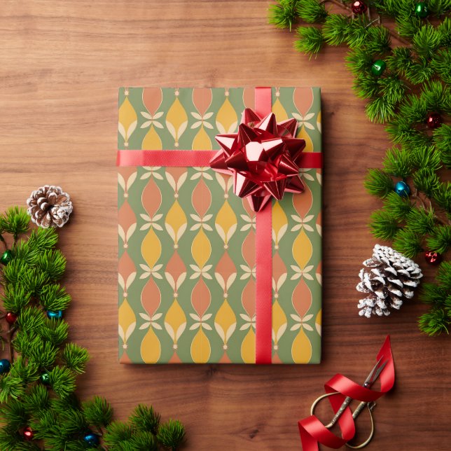 Mid-Century Modern Earth Tones Ogee Pattern Green Wrapping Paper (Holiday Gift)