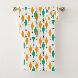 Mid Century Modern Era Diamonds Orange Turquoise Bath Towel Set