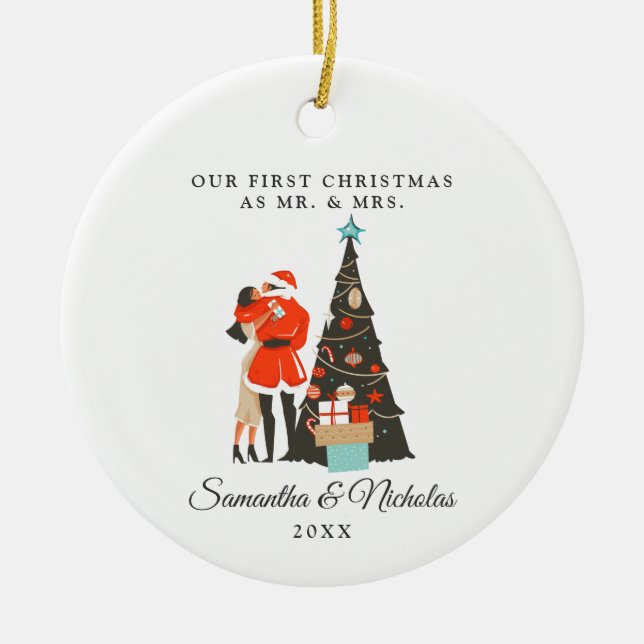 Mid-Century Modern | First Christmas as Mr. & Mrs. Ceramic Tree Decoration (Front)