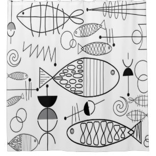 Mid-Century Modern Fish Art Black White Shower Curtain