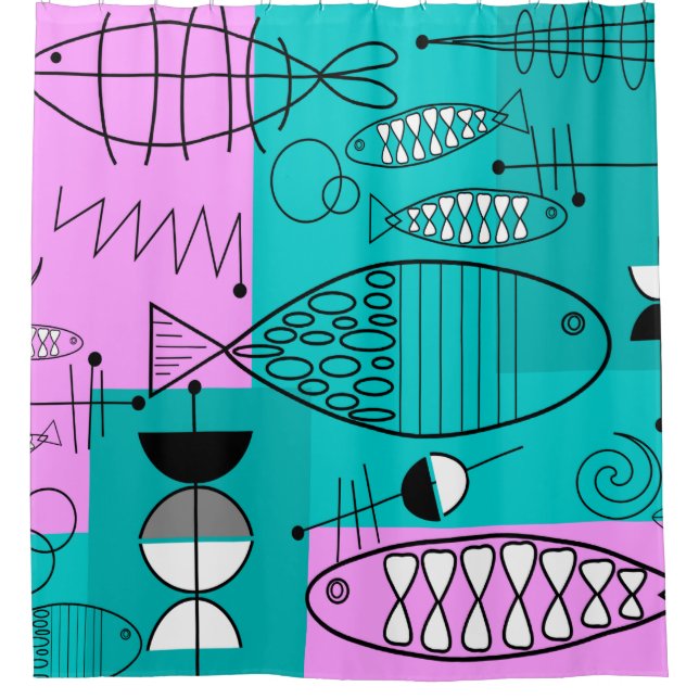Mid-Century Modern Fish Art Pink Blue Shower Curtain (Front)