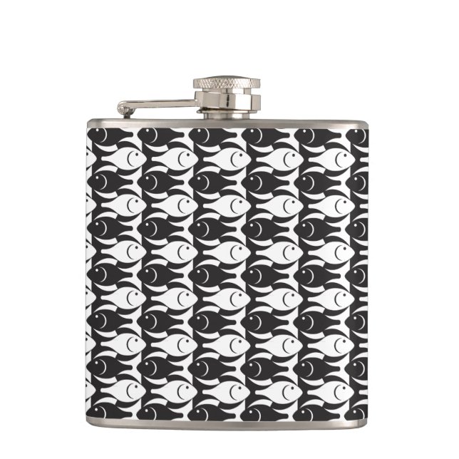 Mid-Century Modern fish, black and white Hip Flask (Front)