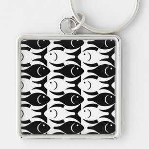 Mid-Century Modern fish, black and white Key Ring