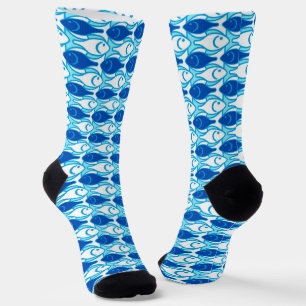Mid-Century Modern fish, cobalt blue and white Socks
