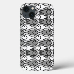 Mid-Century Modern fish, grey, white and black iPhone 13 Case