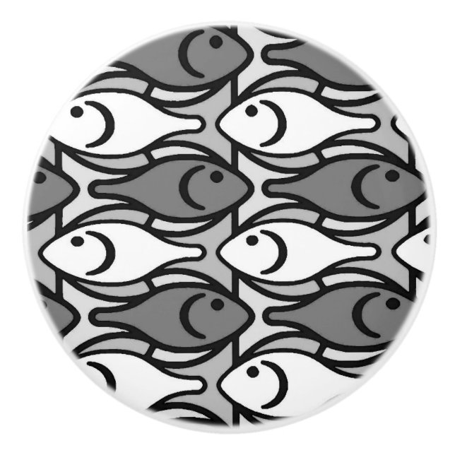 Mid-Century Modern fish, grey, white and black Ceramic Knob (Front)