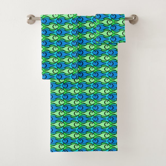 Mid-Century Modern Fish, Lime Green and Blue Bath Towel Set (Insitu)