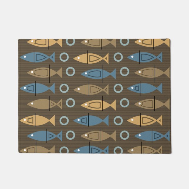 Mid Century Modern Fish Pattern brown Blue Doormat (Front)