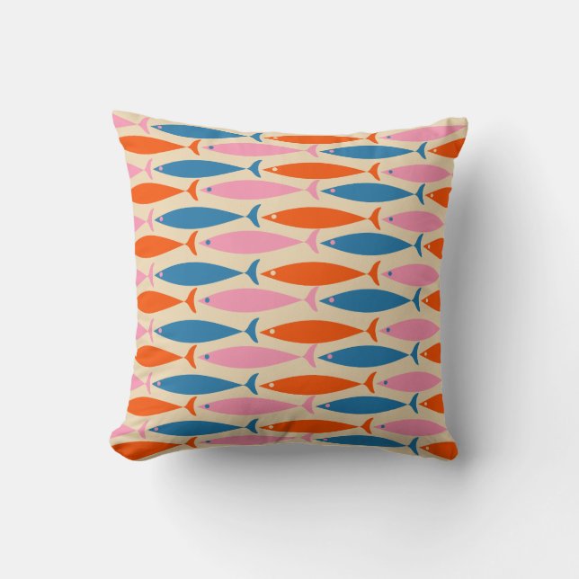 Mid Century Modern Fish Pattern Pink Blue Orange Cushion (Front)