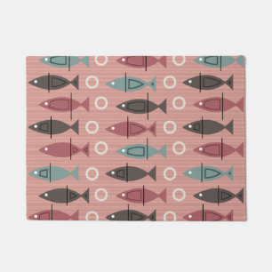 Mid Century Modern Fish Pattern Pink Teal Doormat