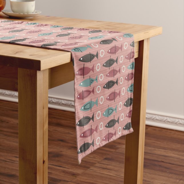 Mid Century Modern Fish Pattern Pink Teal Short Table Runner (In Situ)
